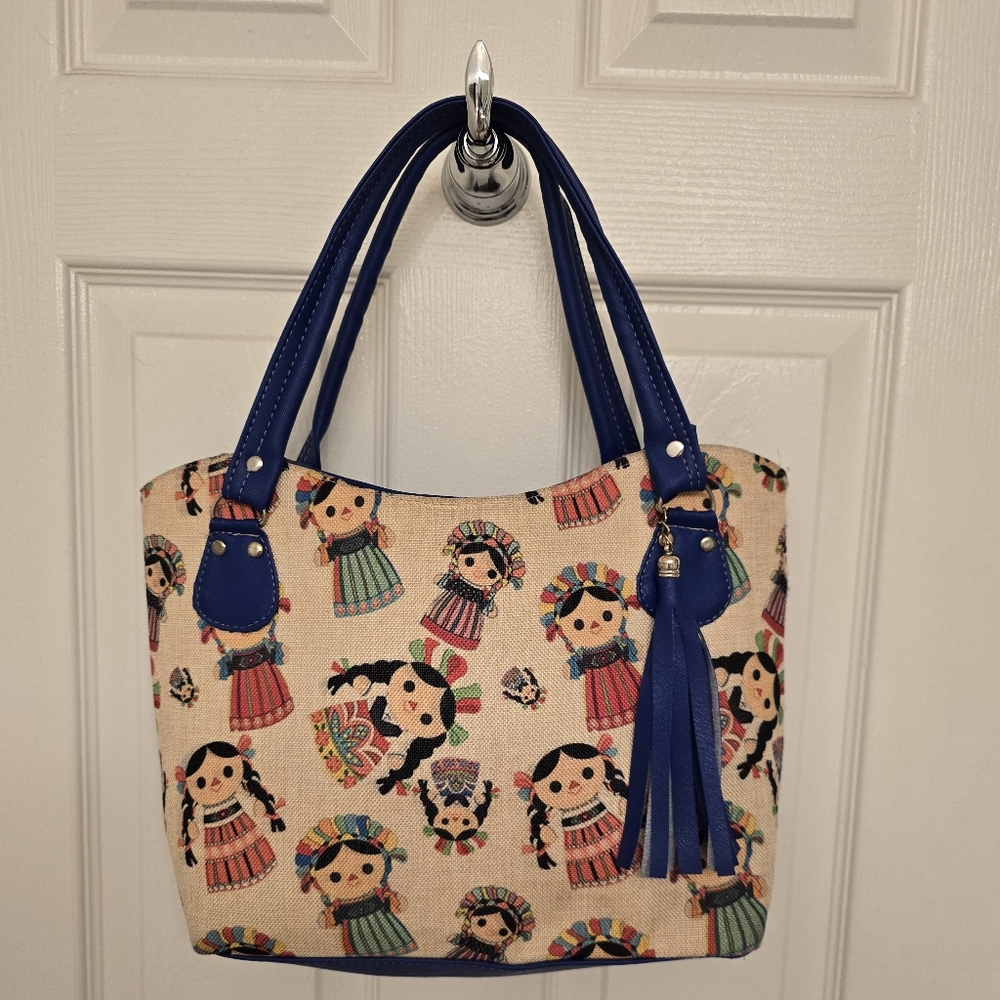 Blue and Cream Tote Bag with Mexican Doll Print Made In Mexico
